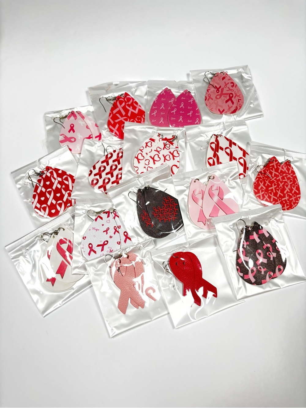 NEW 16 Pairs Breast Cancer Awareness Pink Ribbon Teardrop Earrings